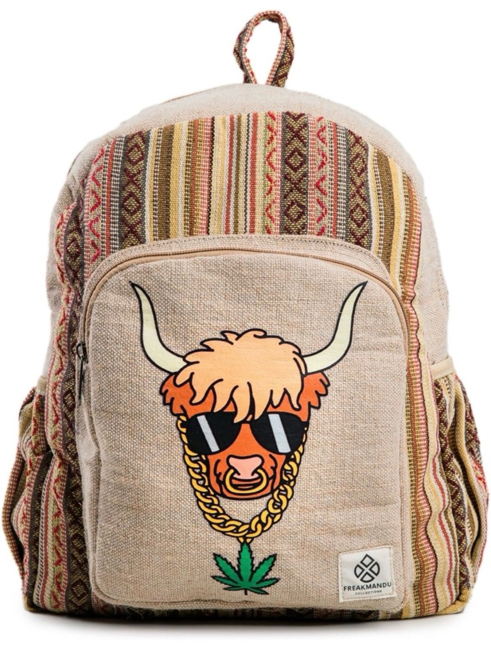 Freakmandu Hemp Patch Backpack with Fun Bull Graphic - Beige & Multicolor